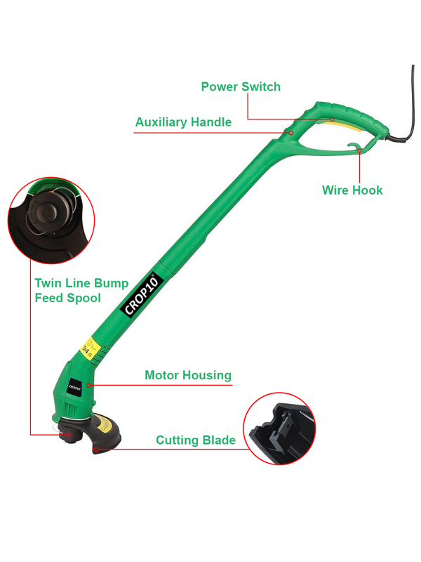 Crop10 310W Corded Electric Portable Grass Lawn Trimmer 25cm Cutting  Diameter Lightweight Grass Cutter Machine with Twin Line Bump Feed Spool 