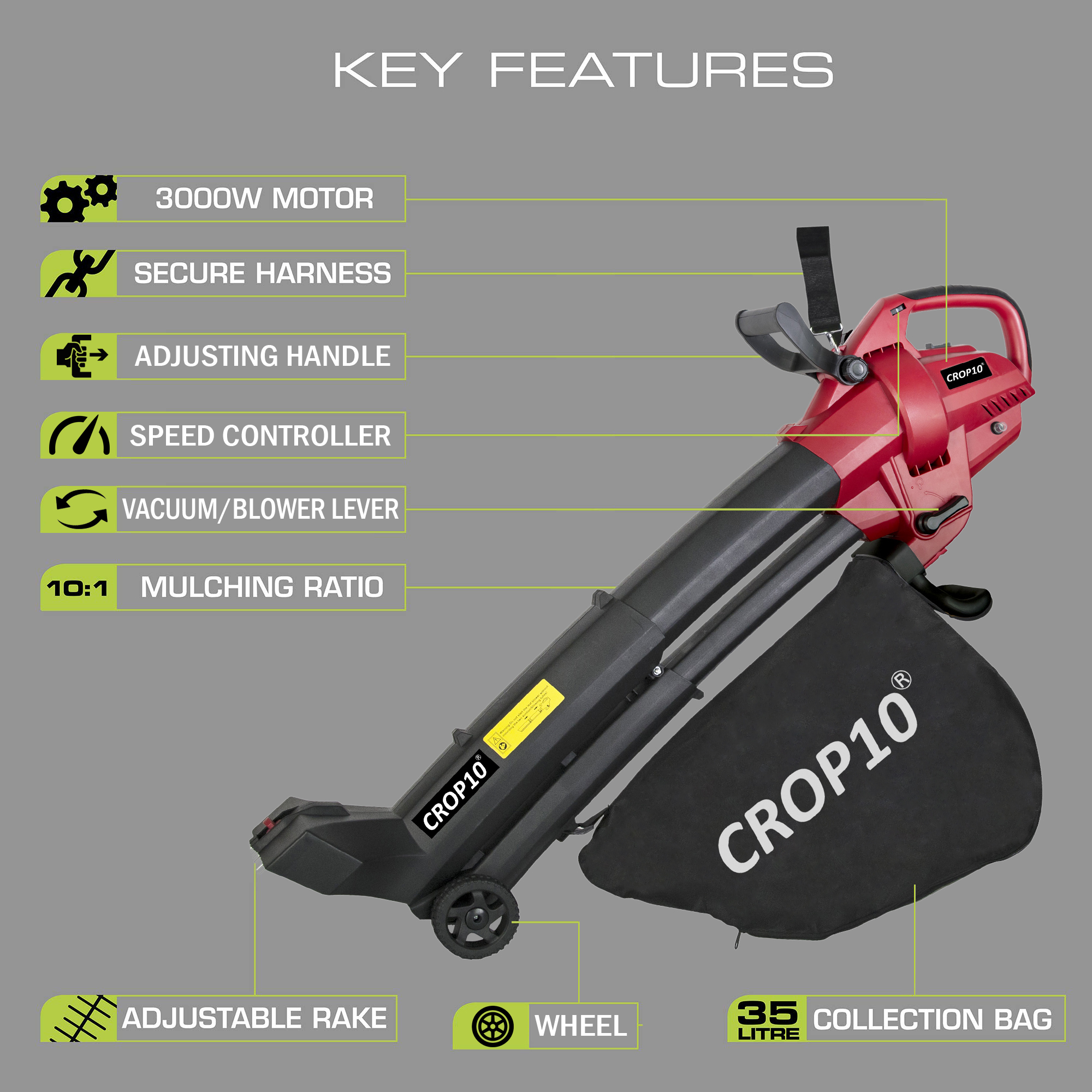 Crop10 4 in 1 Electric Leaf Blower Vacuum & Shredder Mulcher with Rake,  Powerful 3000W, 6 Variable Speed, 35L Collection Bag, 10:1 Shredding Ratio,  6M Power Cable (4 in 1 Leaf Blower) 